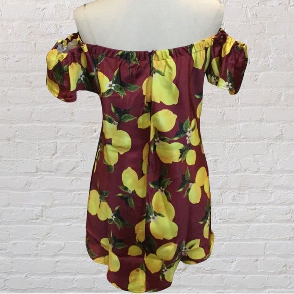 NWT, Lemon-Print Knee-Length Off Shoulder Dress in Dark Red - Med & Large - Picture 5 of 8